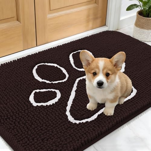 OLANLY Dog Door Mat for Muddy Paws 24x16, Paw Print Design Chenille Mud Mat