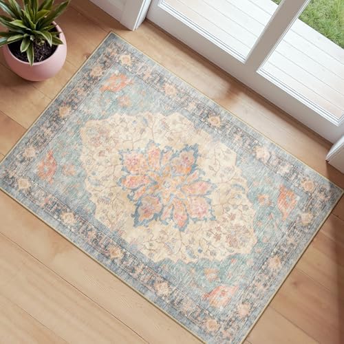 RELEANY Washable Area Rug, Small 2'x4', Blue/Orange/Red