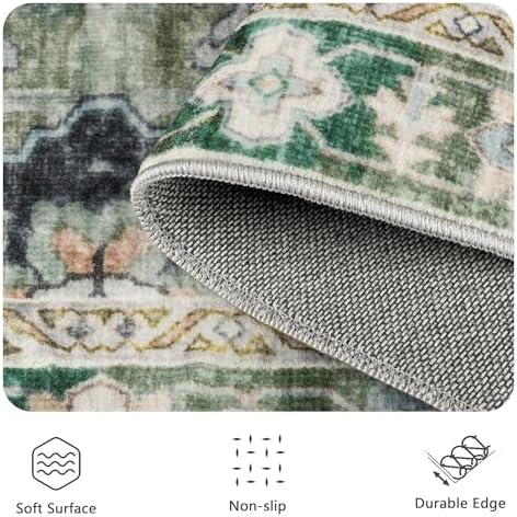 2x8 Hallway Runner Rug, Washable Vintage Retro Long Runner Rugs for Kitchen Laundry, Soft Ultra Thin Non Slip Low Pile Traditional Area Carpet for Bedroom Bathroom Indoor, Green