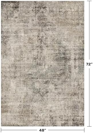 Washable 4x6 Rug for Small Living Room, Area Rug for Kitchen, Bedside, Large Entryway Indoor - Stain Resistant Non Slip with Rubber Backing, Unique Floral Aesthetic Décor, Taupe, Distressed Design