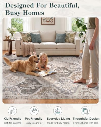 Lahome 5x7 Area Rugs for Living Room, Vintage Washable Charcoal Office Rug