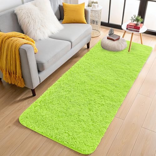 OLANLY 2x6 Machine Washable Runner Rugs for Hallway, Soft Fluffy Shaggy Bedside Rugs for Bedroom, Living Room, Indoor Floor Carpet for Kids Girls and Boys, Home Decor Aesthetic, Lime Green
