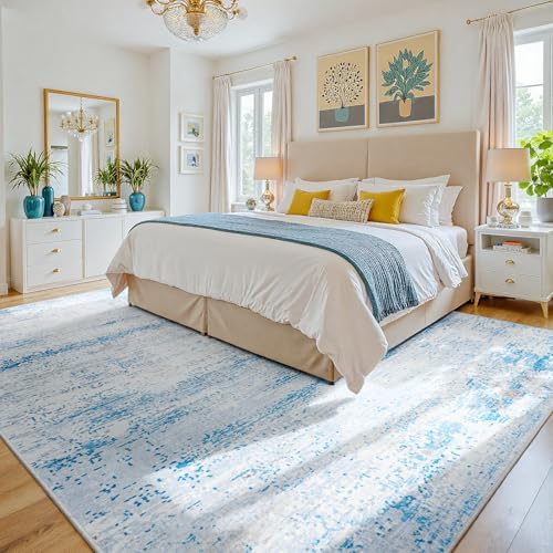 9x12 Washable Area Rug for Living Room Bedroom: Non-Slip Modern Light Blue