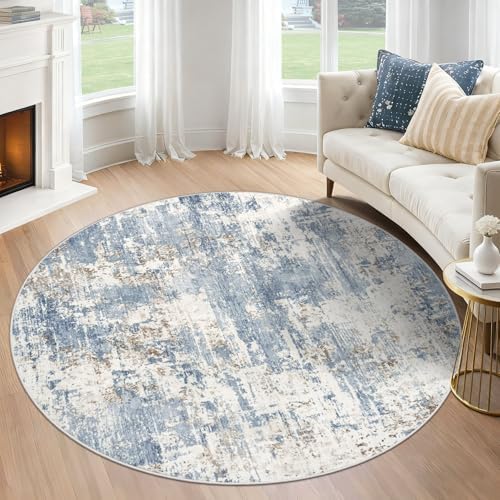 XLUEZ Round Rug 4ft for Bedroom, Washable Modern Abstract Circle Rug Neutral Soft Non Slip Kids Rug Stain Resistant Indoor Carpet for Living Room Nursery Playroom Dorm Girls Boys Room(Blue, 4' Round)