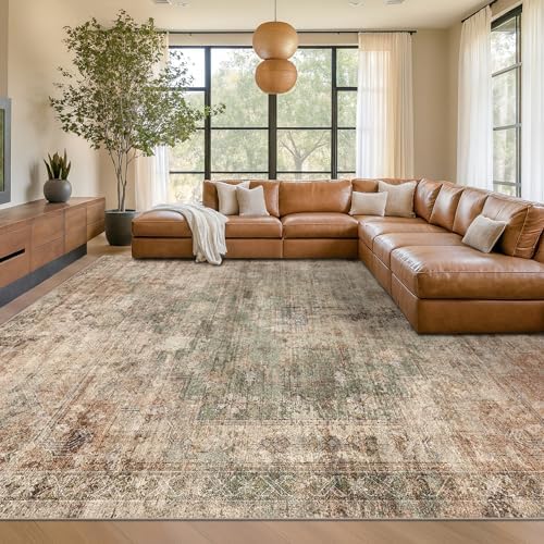Vintage Distressed Medallion Rugs for Living Room - 9x12 Green and Brown Large Washable Rug for Bedroom, Dining Table, Ultra-Thin, Soft, Non Slip, Lightweighted Print Carpet, Distressed Design
