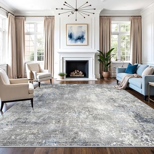 12x12 Square Area Rug for Living Room, Washable Modern Rug, Blue Grey