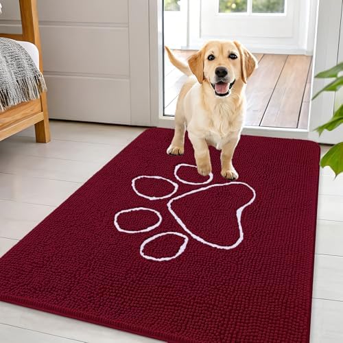 OLANLY Dog Door Mat for Muddy Paws 44x32, Paw Print Design Chenille Mud Mat