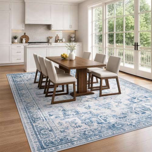 6x9 Washable Area Rugs for Living Room Blue Grey Non-Slip Rug
