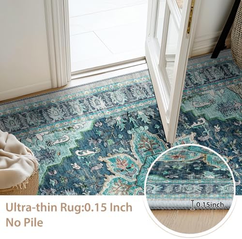 BESTSWEETIE Washable Boho 2x10 Area Rug for Living Room, Teal Dark Green