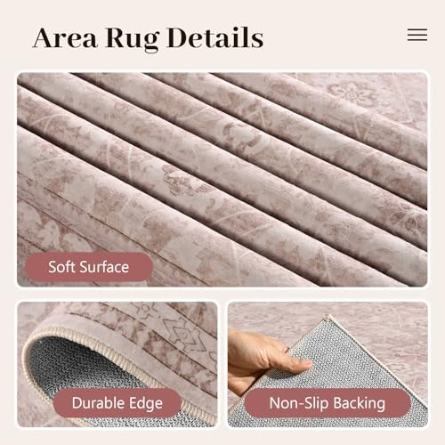 6x9 Ft Large Area Rugs for Living Room, Soft Non-Slip Machine Washable Rug, Vintage Stain Resistant Carpets for Bedroom Nursery Dining Room Home Decor (Grey Pink)
