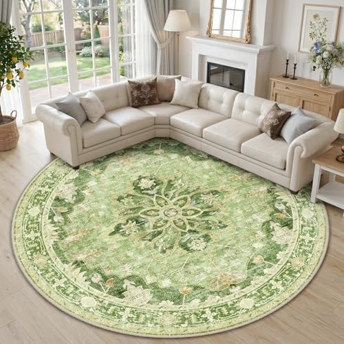 RELEANY Washable Area Rug, Round 10ft, Green/Yellow