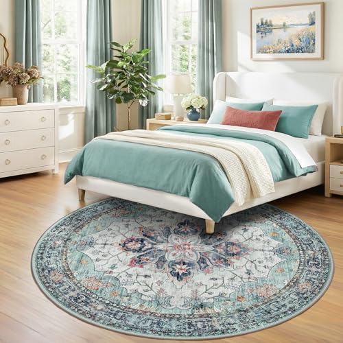 RELEANY Washable Area Rug, Round 8ft, Teal Green/White/Navy