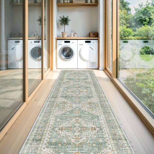 Washable Hallway Runner Rugs 2.5 x 8, Soft Kitchen Rug, Green Vintage Mat