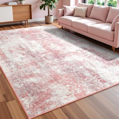 Macgace Washable Abstract Area Rug for Living Room, Modern 5x7 Rugs Pink