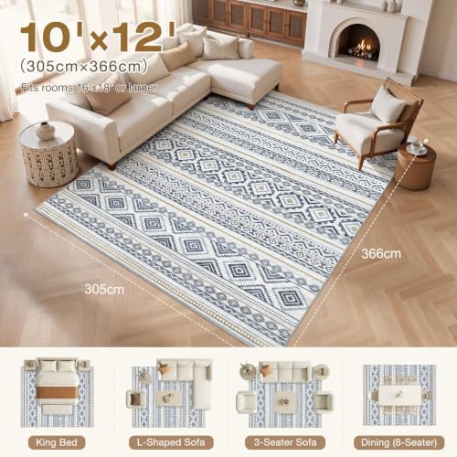 cotiled Boho 10x12 Area Rug for Living Room: Large Moroccan Washable Rug