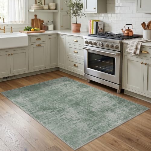 IOHOUZE Abstract Area Rug 4x5 Ft Washable Rugs for Entryway Indoor, Non Slip Small Living Room Rugs Printed Faux Wool Throw Rug, Floor Carpet for Kitchen Nursery Playroom, Sage Green
