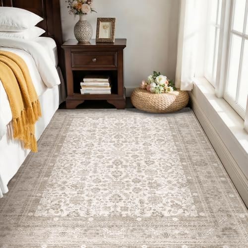 OPPODREAM Vintage Light Beige Area Rugs 4x6, Washable Rug for Living Room