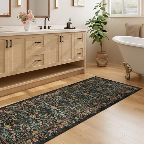 DUKINO 2x10 Runner Rug, Washable Vintage Floral Kitchen Rug, Black
