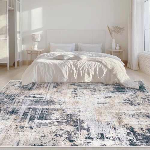 Area Rugs 5x7 Living Room: Washable Rug Modern Abstract Rugs Soft Non Slip Neutral Rug Stain Resistant Indoor Carpet for Bedroom Kitchen Dining Room Nursery Home Office Rugs(Black Brown,5'x7')