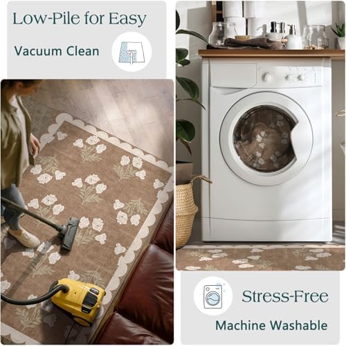 3x4 Floral Entry Rug - Small Washable Indoor Outdoor Mats for Front Door Non-Slip Porch Rug Tan Boho Neutral Farmhouse Throw Rugs for Living Room Bedroom Entryway Kitchen Office Porch Decor