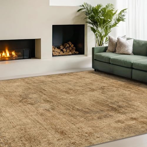 Vintage Gold 6x8 Rugs for Living Room - Distressed Print Pattern Large Area Rug for Bedroom, Washable Soft Dining Room Under Table, Thin & Non Slip Rubber Backing Brown and Yellow, Distressed Design