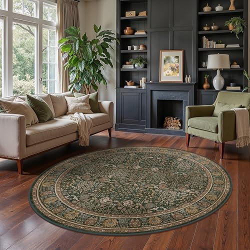 Bavni 6ft Round Area Rug 6x6, Washable Non Slip, Dark Green Brown