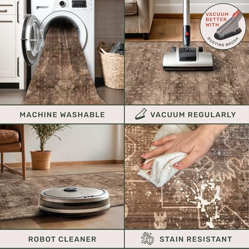 Brown Boho Washable 2x6 Runner Rugs for Hallway Kitchen Bedroom Beside Laundry Room Bathroom Rug, Pet & Kids Friendly, Non Slip Low Pile Stain Resistant Soft Faux Wool Long 24 x 72 Floor Carpet