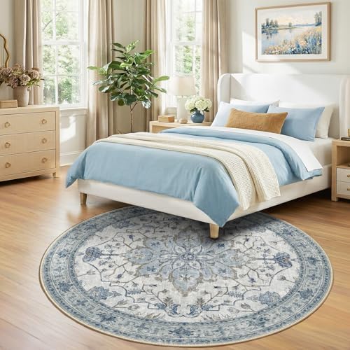 RELEANY Washable Area Rug, Round 7ft, Blue/White/Gray