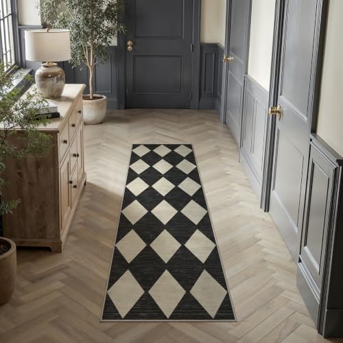 PureCozy Black 2x6 Washable Runner Rug Kitchen Non Slip Checkered Carpet