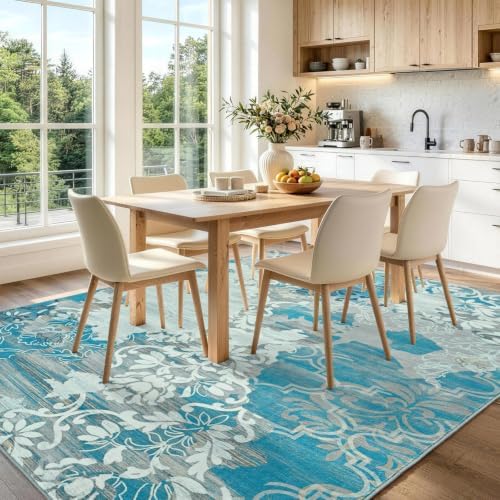 9x12 Washable Non-Slip Area Rug for Living Room (Blue)
