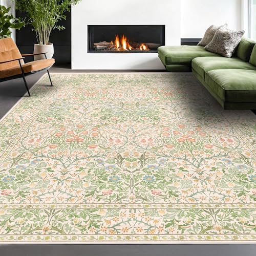 Washable Light Green Rug for Bedroom - 9x12 Large Area Rug for Dining Room Under Table, Living Room, Soft Low Pile Carpet for Playroom - Vintage Floral Non-Slip Stain Resistance (9x12 Beige Green)