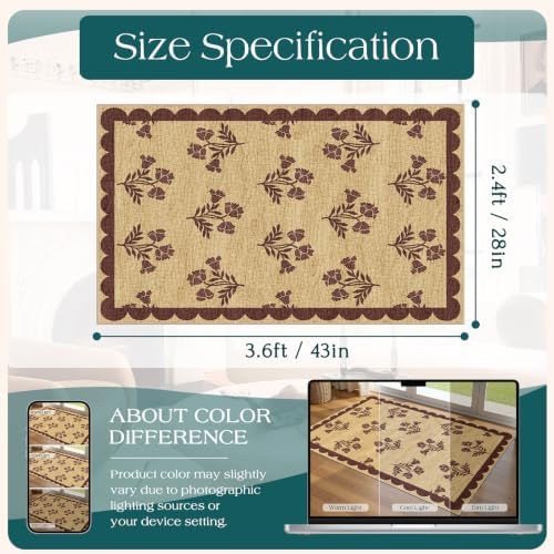 Floral Entry Rug - 28" x 43" Front Door Mat Indoor Outside Entrance Non-Slip Washable Outdoor Mat Jute-Look Burgundy Scalloped Rug for Entryway Kitchen Mudroom Layered Doormat for Front Porch