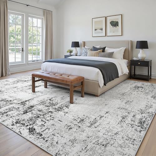 10x14 Area Rugs for Living Room Washable Abstract Rug White Grey Black