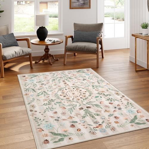 Lahome Washable Insect Botanical 5x7 Area Rugs for Nursery - Machine Washable Non-Slip Beige Bedroom Rug, Boho Low Profile Soft Faux Wool Carpet for Living Room Laundry Playroom Dining Room