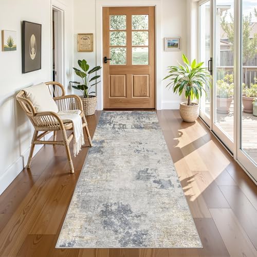 UERMEI 3x8 Washable Runner Rug for Hallway, Non Slip Low Pile Kitchen Carpet, Neutral Modern Abstract Indoor Floor Mat for Entryway Laundry, Kid & Pet Safe High Traffic Area, Blue Grey