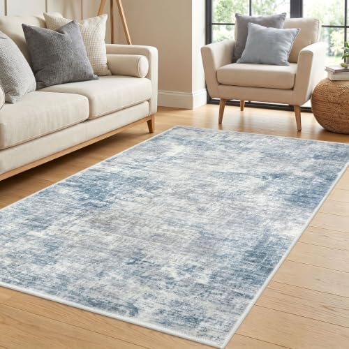 IOHOUZE Abstract Area Rug 4x6 Ft Washable Rugs for Entryway Indoor, Non Slip Small Living Room Rugs Printed Faux Wool Throw Rug, Floor Carpet for Kitchen Nursery Playroom, Light Blue Grey