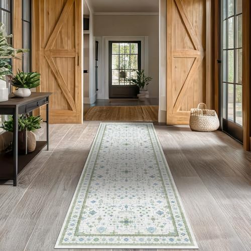 Hazo Haus Oushak Runner 2x10 Hallway Rug - Floral Pastel Boho, Washable Low Pile Non Slip Extra Long Runner Rugs for Kitchen, Hall Way - Cream Blue and Green