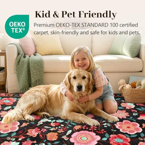 8x10 Ft Washable Area Rug for Living Room Black Vintage Floral Carpet