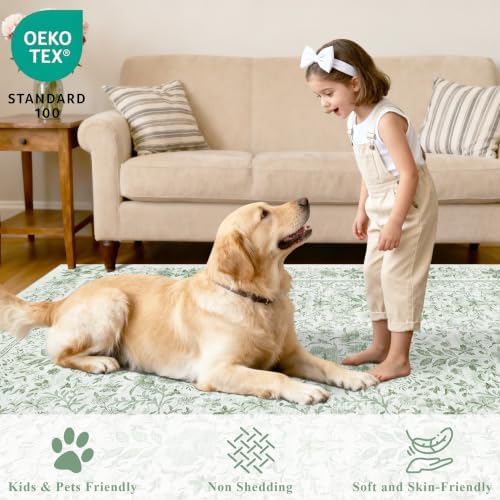 DUKINO 4x6 Rug for Living Room, Washable Vintage Floral Area Rug Sage Green
