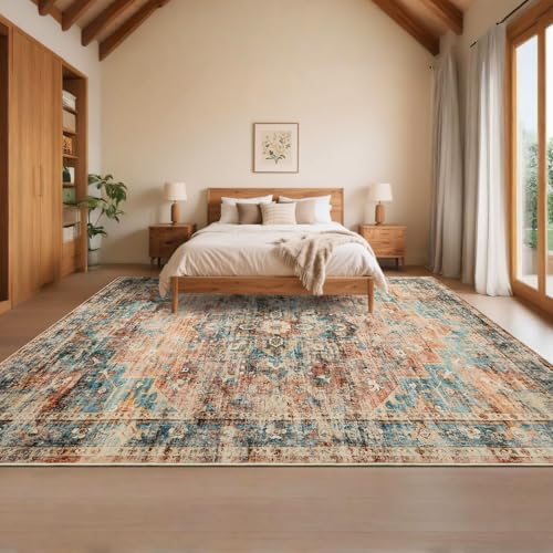 GarveeHome 9x12 Area Rug for Living Room Washable Vintage Rug Green&Brown