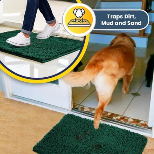 Muddy Mat® | Super Water Absorbent Door Mat Indoor, Microfiber Quick Dry Chenille Entryway Rug, Slip Resistant Front Door Mat, Indoor Mats for Entryway, Machine Washable Pet Rug, Dark Green 6ft x 9ft
