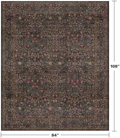Vintage 7x9 Brown Rug for Living Room - Washable Oriental Area Rug for Dining Room Under Kitchen Table, Non-Slip Floor Carpet for Bedroom Under Bed - Boho Floral Design & Stain Resistance