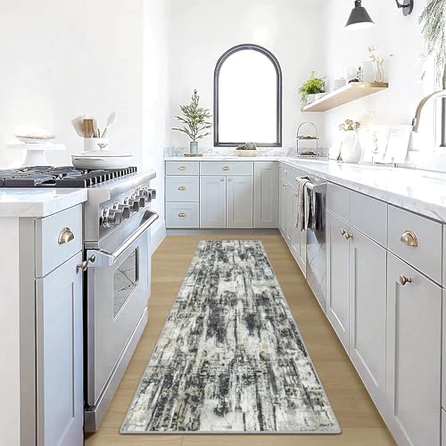 2'6''x8' Runner Rugs Washable Rug: Modern AbstractBlack Grey Gold Carpet