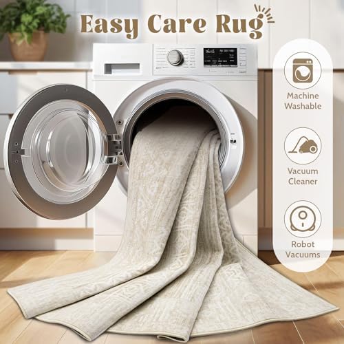 10x12 Area Rugs for Living Room: Washable Moroccan Geometric Boho Rug Farmhouse Non Slip Stain Resistant Large Rug Low Pile Soft Carpet for Bedroom Dining Room Children Room (Ivory Beige,10'x12')
