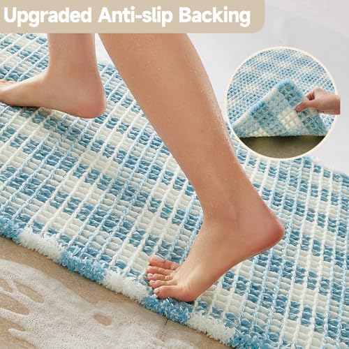 TYUU Waffle Bath Mat, Cute Bathroom Rugs Non Slip, 30x20 Blue & White