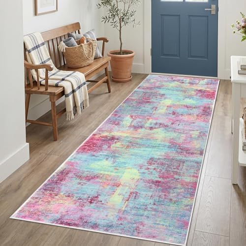 IOHOUZE Abstract Runner Rug 3x7 Ft Washable Runners for Hallways, Non Slip Kitchen Runner Printed Faux Wool Entryway Runner Indoor, Modern Abstract Floor Carpet for Hall Kitchen Bedroom, Pink Teal