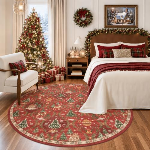 5x5 Washable Round Rugs for Living Room, Red Christmas Bedroom Area Rug