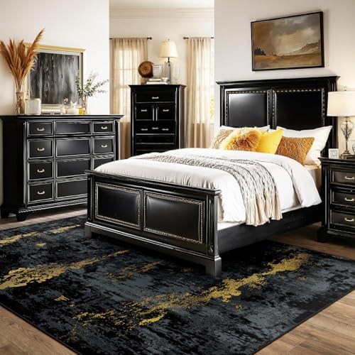 RELEANY Washable 8'x10' Abstract Area Rug for Living Room Black Gold