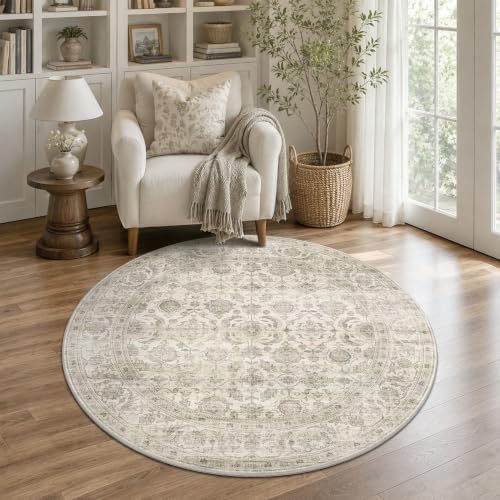 JOOJA 3x3 Beige Vintage Soft Low Pile Washable Boho Small Round Kitchen Rug