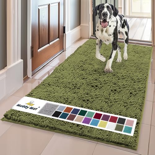 Muddy Mat® | Super Water Absorbent Door Mat Indoor, Microfiber Quick Dry Chenille Entryway Rug,Slip Resistant Front Door Mat,Indoor Mats for Entryway,Machine Washable Pet Rug, Army Green 36" x 120"